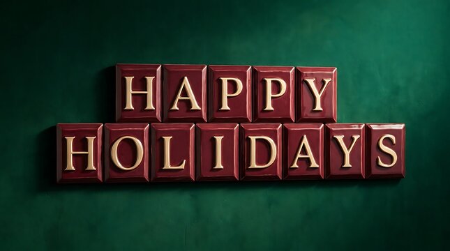 Happy Holidays text message composed of individual chocolate squares on a green background