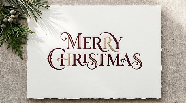 Merry Christmas greeting text on handmade paper card with evergreen pine branch decoration