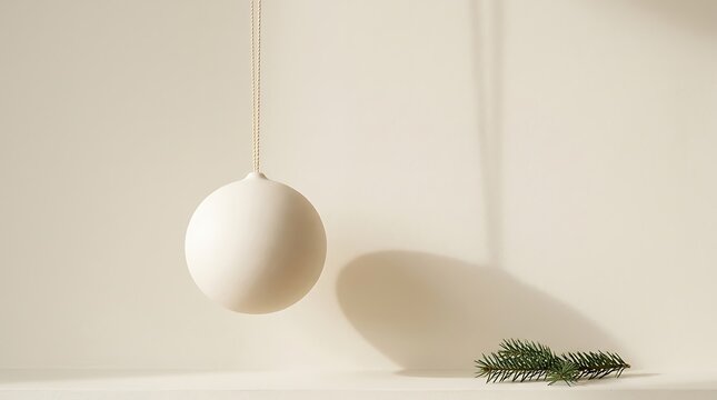 Minimalist white matte christmas bauble hanging against a neutral beige background