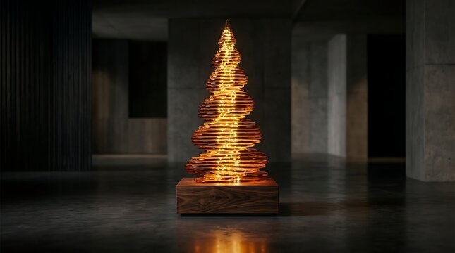 Modern abstract christmas tree made of glowing light discs on wooden base in dark interior