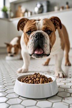 Bulldog near bowl of dry dog food in home kitchen