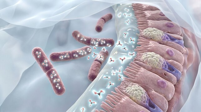 3D microscopic view of bacilli bacteria interacting with mucosal epithelial cells and villi
