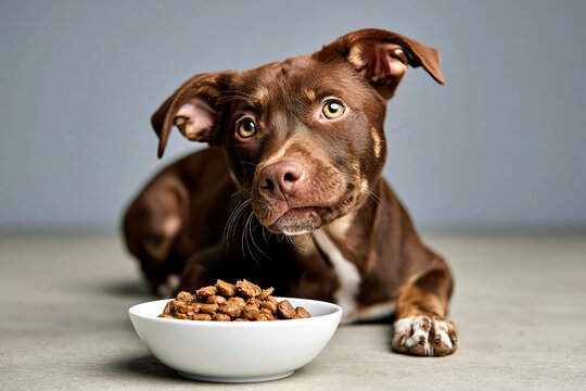 Brown puppy eating food from bowl on gray floor