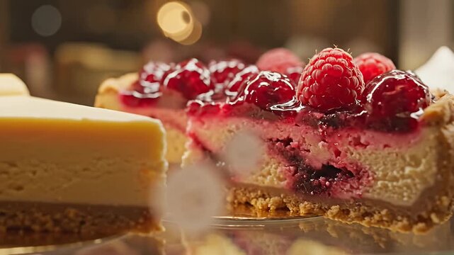 Gourmet cheesecake and raspberry cake slices in bakery display