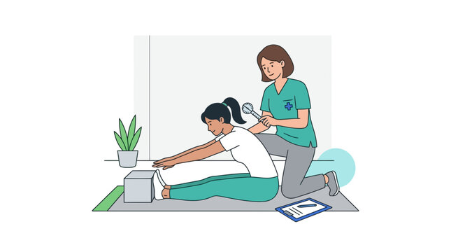 Physiotherapist assisting patient with seated hamstring stretch and manual therapy.