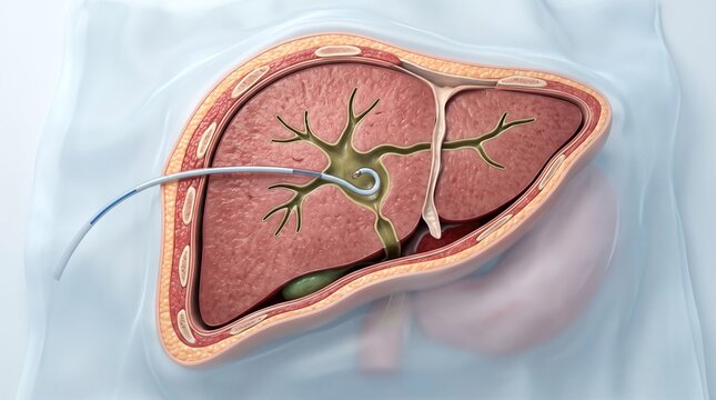 3D illustration of a liver cross-section showing the intrahepatic biliary tree with an inserted drainage catheter