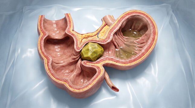 3D anatomical cross-section of a stomach and duodenum obstructed by a massive gallstone or bezoar