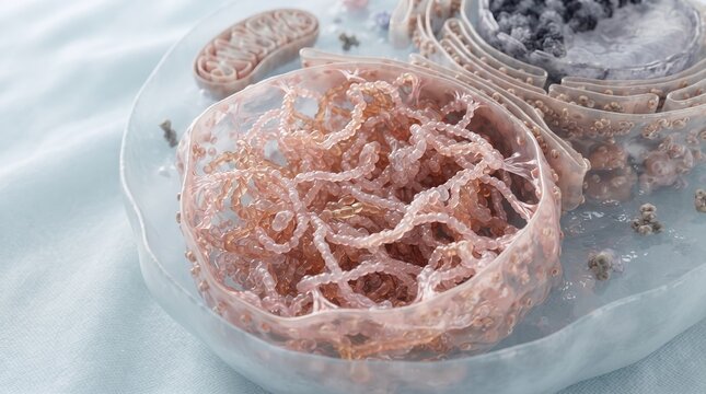3D rendering of the internal ultrastructure of a cell nucleus containing a complex chromatin network