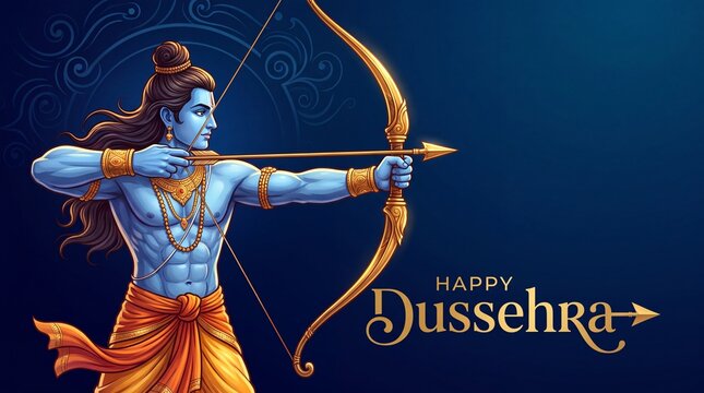 Happy Dussehra festival greeting banner with illustration of Lord Rama aiming golden bow.
