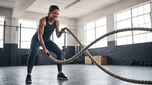 Woman Exercising with Battle Ropes in Gym.