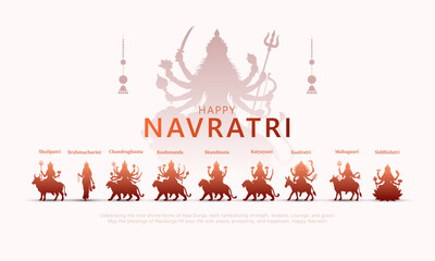 Happy Navratri greeting card with 9 forms of Goddess Durga, Navdurga avatars Shailputri, Brahmacharini, Chandraghanta, Kushmanda, Skandmata, Katyayani, Kaalratri, Mahagauri and Siddhidatri vector. © krevia