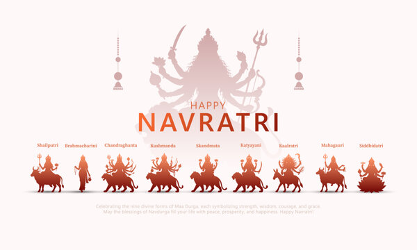 Happy Navratri greeting card with 9 forms of Goddess Durga, Navdurga avatars Shailputri, Brahmacharini, Chandraghanta, Kushmanda, Skandmata, Katyayani, Kaalratri, Mahagauri and Siddhidatri vector.