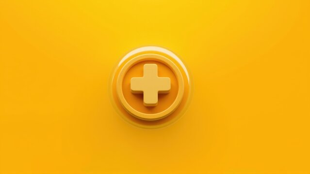 Yellow plus symbol centered on vibrant yellow background. Glossy texture creates depth, simple design. Clean, modern aesthetic.