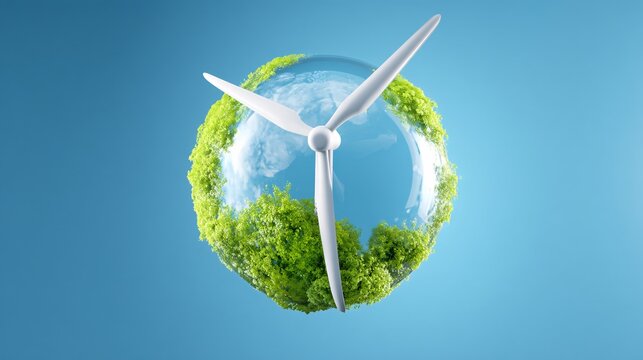 conceptual illustration of a giant wind turbine acting as the central pillar of a futuristic glass biodome city. Sunlight streams through the transparent panels onto green parks inside. The 