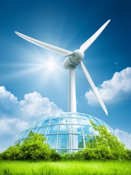 conceptual illustration of a giant wind turbine acting as the central pillar of a futuristic glass biodome city. Sunlight streams through the transparent panels onto green parks inside. The 