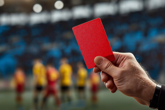 Soccer referee raising a red card during a match, symbolizing a serious foul, player dismissal, disciplinary decision and enforcement of football rules