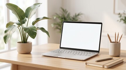 Fototapeta premium Modern laptop with blank white screen mockup on wooden desk in bright home office with potted plant and notebook for professional remote work and digital creative branding presentation