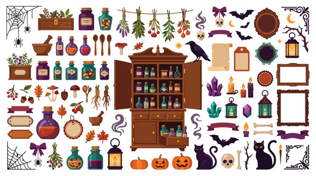 Halloween potion set and witch magic ingredients flat vector icons. Magic spell cupboard with herbs, bats, cauldron, pumpkins, skull. Spooky autumn design elements for labels and decorations