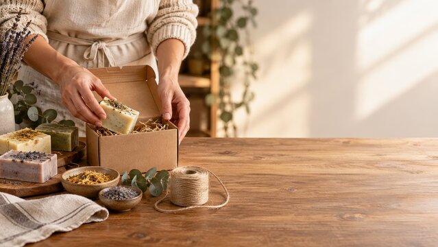 Handmade soap packaging by small business owner on small business saturday in an entrepreneur workspace