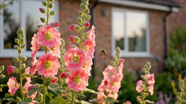 Pink hollyhocks blooming in front of a house.