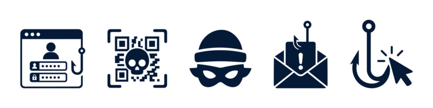 Cyber crime and phishing attack vector icons set with fake login page hook, malicious qr code skull, hacker thief mask, spam email phishing hook and clickbait mouse cursor hook