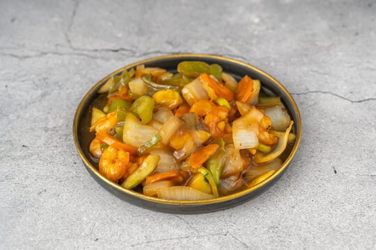 Front View of Shrimp Chop Suey with Peppers, Carrots, and Onions