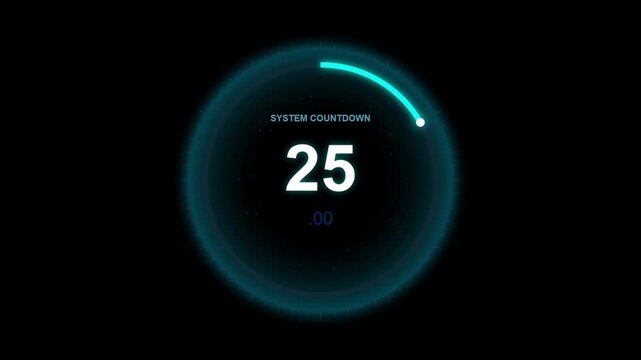 Futuristic system countdown timer with glowing neon circle, digital 25 second clock interface, high-tech HUD loading animation on black background