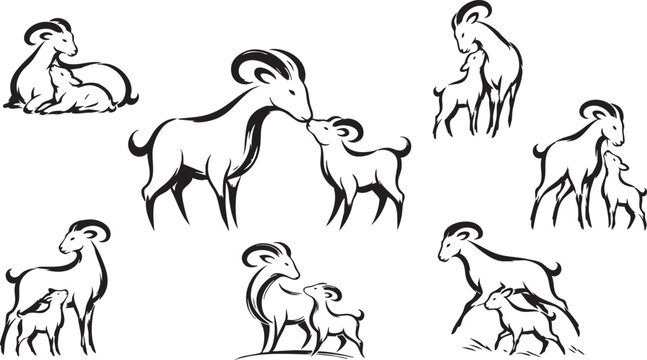 Minimalist Black Calligraphy Line Art of Mother and Baby Sheep
