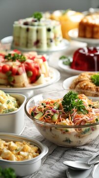 Retro buffet table with assorted molded gelatin salads for vintage buffet background and holiday party display