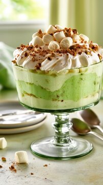 Layered pistachio gelatin trifle in glass pedestal with whipped cream marshmallows and chopped nuts for holiday centerpiece and party dessert