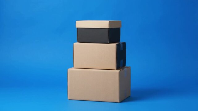 Cardboard boxes stacking on a solid blue background