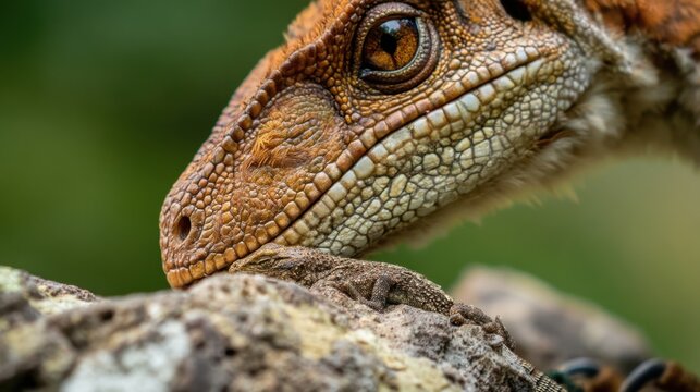 Feathered velociraptor eating a small prehistoric lizard close up for natural history study background and educational poster