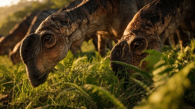 Two parasaurolophus grazing among ferns at a riverside with warm sunset lighting for prehistoric nature background and wildlife poster