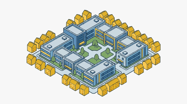 Minimalist Isometric of Modern Office Buildings Surrounded by Small Residential Homes in Blue Yellow and Green