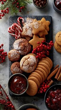 Holiday cookies and candies displayed on slate serving board