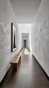 Long minimalist gallery hallway with white venetian plaster walls and wooden bench skylight for interior design background