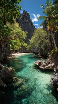 Serene tropical lagoon with crystal clear water and lush greenery in a rocky cove