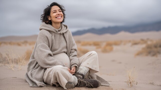 Caucasian pregnant woman smiling in desert landscape wearing cozy clothes