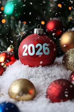 Festive christmas decorations with glittery 2026 ornament in snowy setting