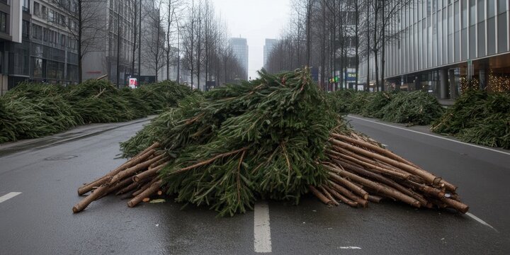 Discarded christmas trees lined on city street after holiday season in urban setting