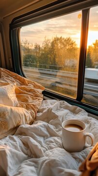 Cozy van morning with coffee and sunrise view through window