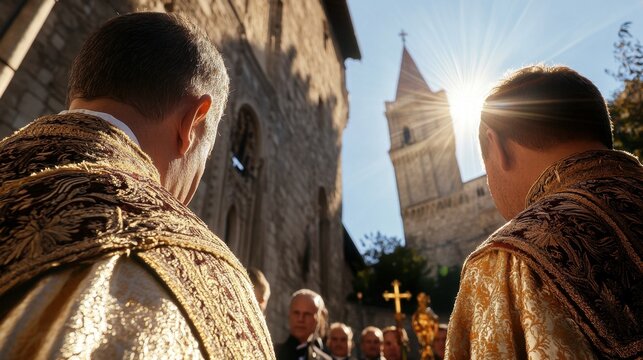 Clergy at church gathering with sunlight and cross in historical setting. Investiture Ceremony of the Captains Regent