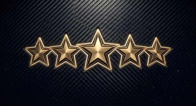Five Golden Star Outlines Aligned Horizontally on Black Textured Carbon Fiber Background