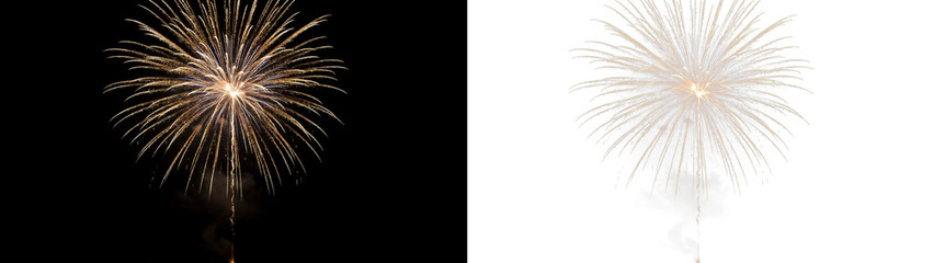 Obraz premium Golden firework explosion isolated on transparent background and black background