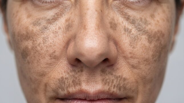 Close up of woman face showing severe melasma hyperpigmentation and dark sun spots