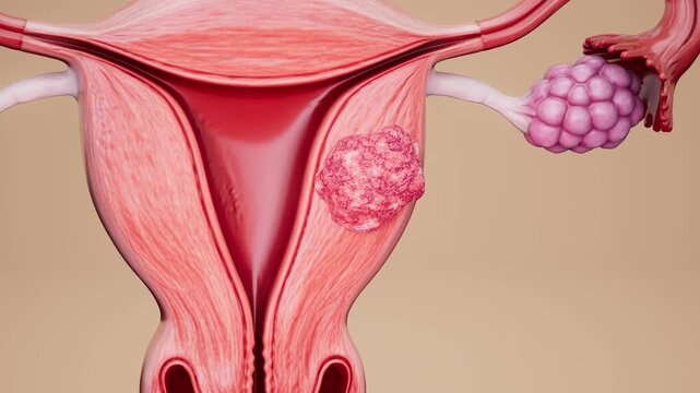Conceptual 3D animation of a uterine fibroid and uterine anatomy