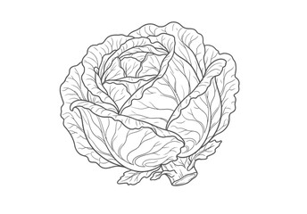 Obraz premium Cabbage vegetable line art drawing isolated on white background for educational coloring book illustration of healthy plant harvest for culinary diet page.