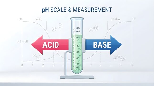 Scientific pH scale diagram featuring a test tube with green liquid plus red and blue directional arrows showing acidity and alkalinity levels in clear detail