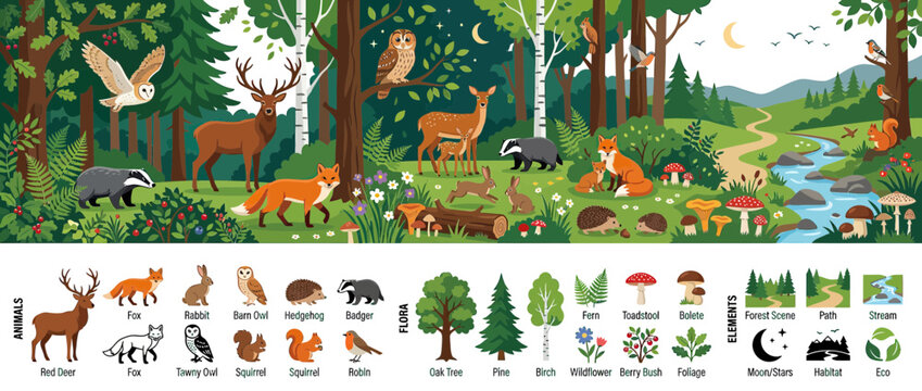 Woodland Creatures Scene with Diverse Forest Animals and Elements