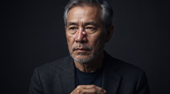 Portrait of senior man with a large basal cell carcinoma or pyogenic granuloma tumor on his nose